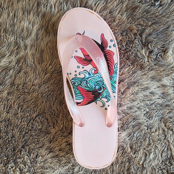 Ed Hardy koi fish graphic wedge Flip Flop sandal in original box 7 - Picture 5 of 11